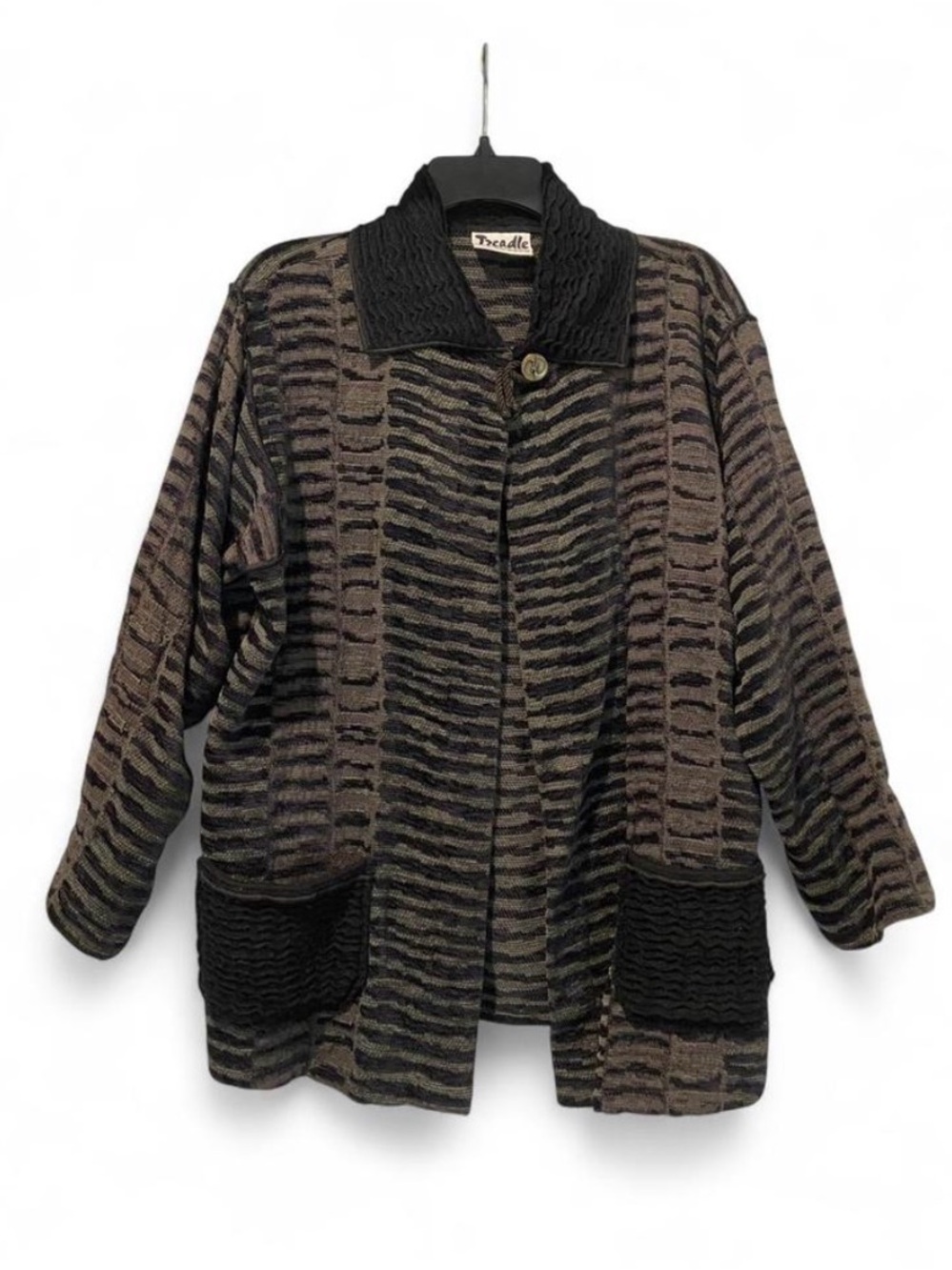Tzeadle Design Room black, green & grey striped cardigan with pockets